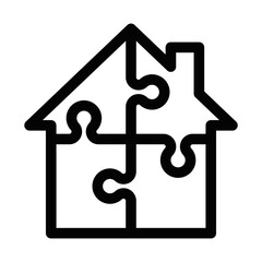Puzzle icon shaped like a house, symbolizing family, home, and community. Perfect for real estate, home improvement, or family care concepts. Editable stroke.