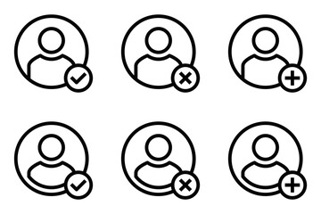 Set of icons showing user profiles with check marks, plus signs, and crosses. Ideal for social media, approval, and user management themes. Editable stroke.
