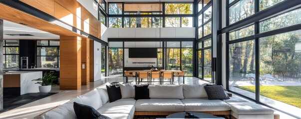 Sleek modern home with large windows, wood details, and a chic black and white color scheme Urban elegance at its best