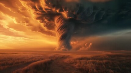 Massive Tornado in a Dramatic Sunset Landscape