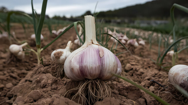 Close-up of freshly harvested garlic bulbs in a field, showcasing their white and purple skin with roots exposed in rich soil.