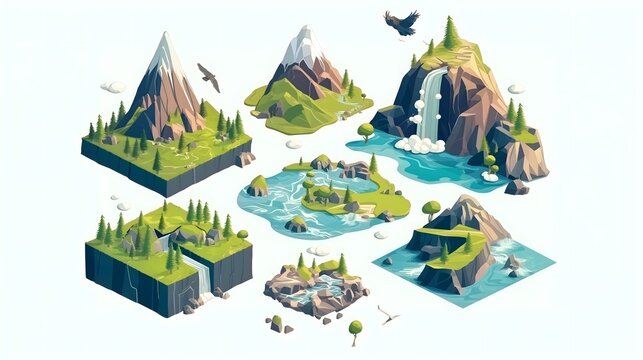 Isometric Mountain Landscape With Waterfalls and Forests
