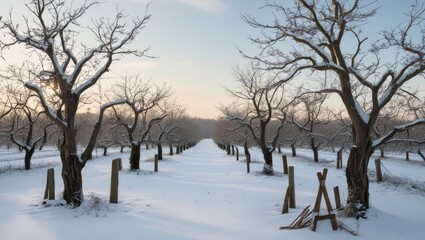 Perfect lines of cherry orchard in winter season