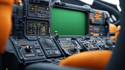 Fototapeta premium Futuristic vehicle cockpit with digital displays, buttons, and switches, featuring a large green screen and orange seating. The control panel includes various instruments and indicators.