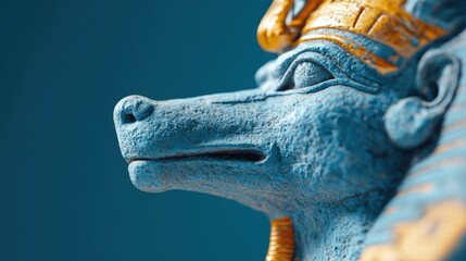 Ancient Egyptian statue of a blue deity with golden accents and intricate details