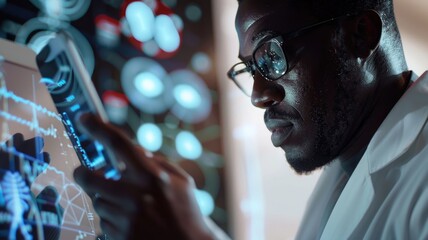 Scientist analyzing data on digital tablet in science lab with futuristic technology interface