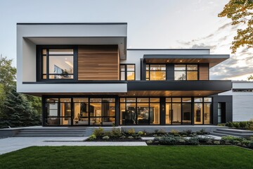 Obraz premium Sleek modern house with large windows, wood details, and a chic black and white color scheme Emphasizing contemporary elegance