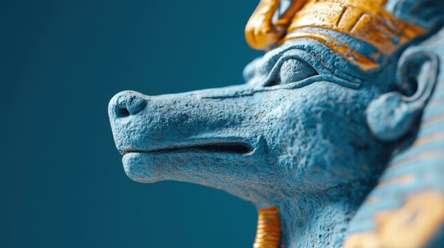 Ancient Egyptian statue of a blue deity with golden accents and intricate details