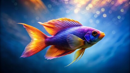 A lively fish silhouette glides gracefully through a colorful underwater world, surrounded by vivid hues of coral and sea life, creating a mesmerizing aquatic panorama.