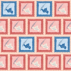 Flying pigeon holding an tree branch patchwork seamless pattern. Dove folk style quilted endless background. Vector hand drawn flat illustration.