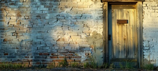 Naklejka premium Old weathered doorway. Rustic brick wall with an old, weathered wooden door. The door symbolizes mystery and forgotten history, perfect for a backdrop.