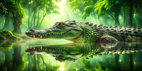 Fototapeta premium A majestic green crocodile glides through a tranquil lake, its reflection merging seamlessly with the surrounding serene landscape, creating a captivating double exposure effect.