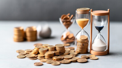 Close-up of two hourglasses and stacks of gold coins on a gray surface, symbolizing the concept of time and money management.