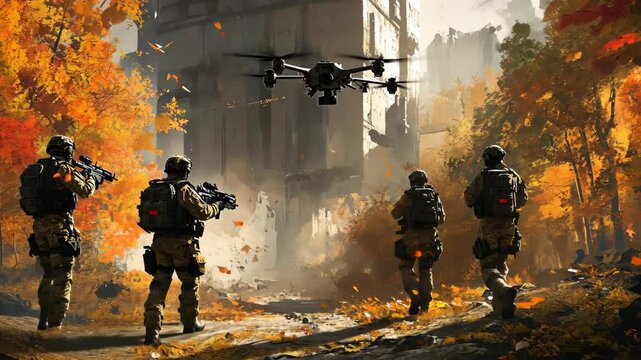 Four soldiers walk through a destroyed city while a drone flies overhead