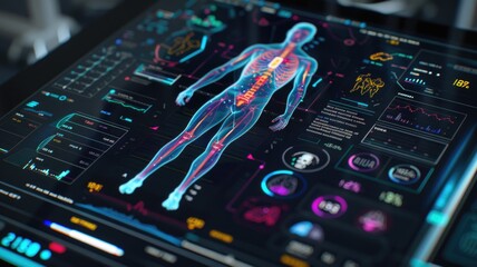 Futuristic medical interface displaying human anatomy with data visualization for healthcare technology