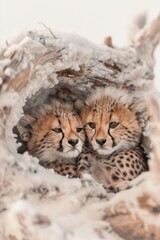 Fototapeta premium Two playful cheetah cubs cuddle together in a snowy landscape during winter