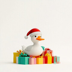 Festive duck in Santa hat surrounded by colorful Christmas presents, white isolate background
