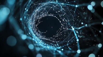 Abstract digital network of blue lines and dots forming a vortex pattern, symbolizing modern technology and data flow.