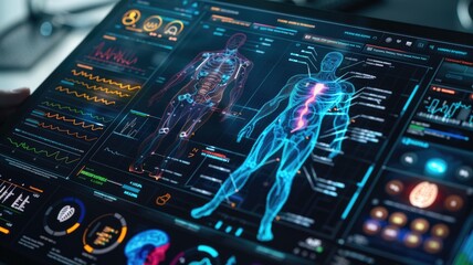 Futuristic medical interface displaying human anatomy with data visualization for healthcare technology