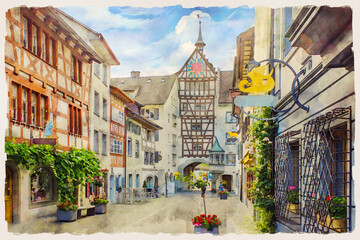 The picturesque street scene of Stein am Rhein, Switzerland. Half-timbered houses in the central part of town. Watercolor painting.