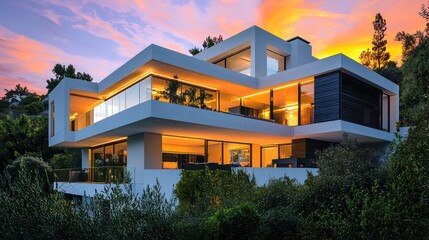 Sunset illuminated modern house with white concrete walls, glass railings, and black wood accents, surrounded by greenery