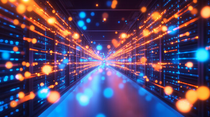 Fototapeta premium A detailed image of a data center corridor, with bright orange and blue network nodes connecting across the surface of server racks. The glowing connections represent the seamless