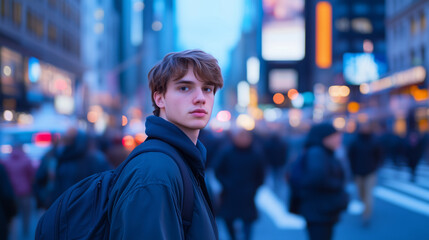 An artistic shot of a young man in a bustling city street, standing still while the surrounding crowd is blurred in motion. The blue hue enhances the feeling of detachment, while h