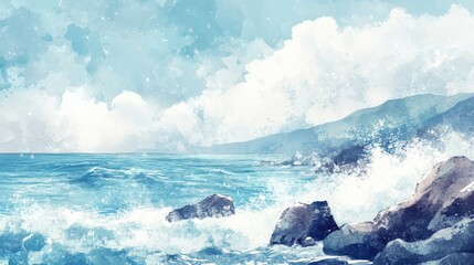 Fototapeta premium Retro style watercolor painting of ocean waves crashing on rocks