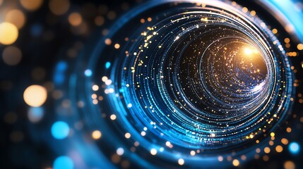 Obraz premium Abstract spiral light tunnel with glowing particles, creating a futuristic and cosmic warp effect, ideal for tech-themed designs.