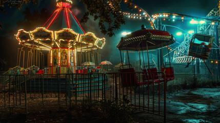 Obraz premium A spooky carnival at night, with abandoned rides, flickering lights, and creepy clowns lurking in the shadows.