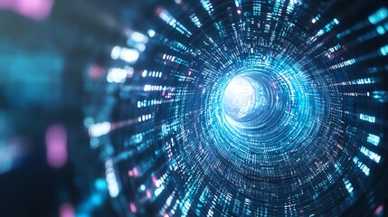 Obraz premium Digital abstract tunnel with glowing blue lights, representing data flow and technology in a futuristic concept.