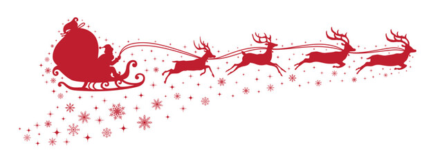 Santa Claus flying on a sleigh with Christmas reindeer with stars and snowflakes. Red silhouette of Santa Claus and Reindeer Sleigh. for winter holiday decoration, and Christmas greeting card.