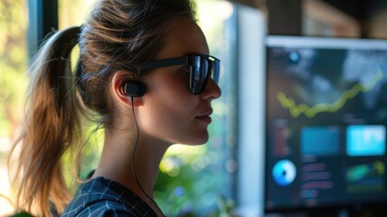 Focused professional woman analyzing data in modern office setting with smart glasses
