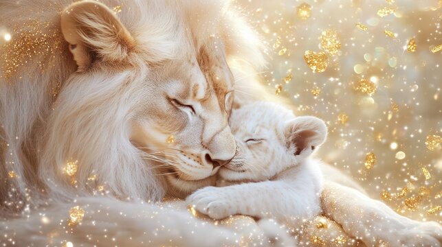 A lion cuddles his baby, enveloped in golden glitter, illuminated by sparkles and flying through the air at twilight