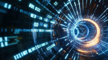 Fototapeta premium Futuristic digital data stream concept, glowing tech tunnel with binary code, representing high-speed data transfer and innovation.