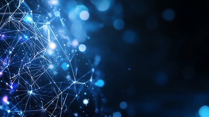 Fototapeta premium Futuristic digital network with blue lights and abstract nodes, symbolizing technology, connectivity, and innovation in a dark atmosphere.
