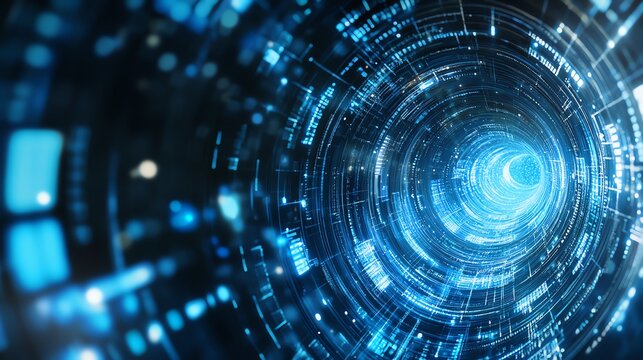 Futuristic digital tunnel with blue lights and technological patterns, symbolizing speed and data flow in a virtual space.