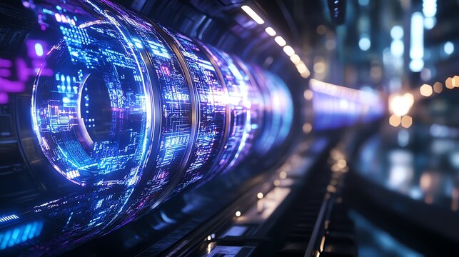 Futuristic digital tunnel with blue neon lights and grids creating a vibrant, high-tech atmosphere, perfect for technology or sci-fi themes.
