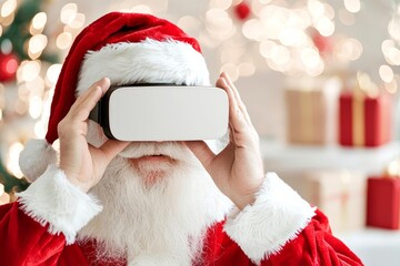 Santa Claus using virtual reality glasses at Christmas time, festive background.