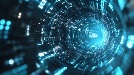 Fototapeta premium Futuristic digital tunnel with glowing blue lights, symbolizing data flow and technology innovation in cyberspace.
