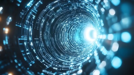Obraz premium Futuristic digital tunnel with glowing blue lights, symbolizing data transfer and advanced technology. Perfect for tech and sci-fi themes.