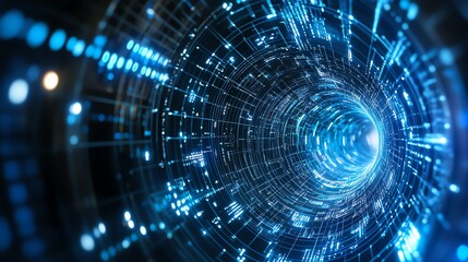 Fototapeta premium Futuristic digital tunnel with glowing blue lights symbolizes data flow, connectivity, and advanced technology in a high-tech virtual space.