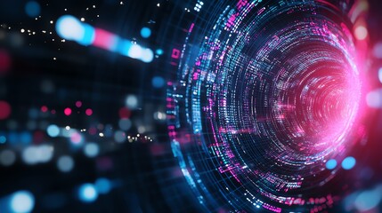 Obraz premium Futuristic digital tunnel with glowing neon lights and abstract data streams, symbolizing advanced technology and data transfer.