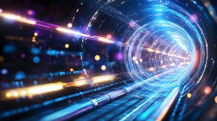 Obraz premium Futuristic light tunnel with vibrant blue and orange streaks, conveying speed, technology, and innovation in a digital landscape.