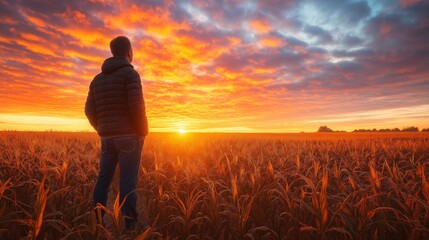 Farmer in cornfield at dawn gazes up at UFO amidst rustling cornstalks and soft sunlight