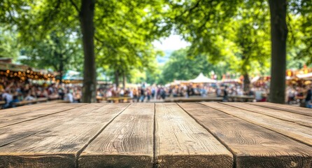 Obraz premium A wooden table stands in focus at a lively outdoor market surrounded by trees during a sunny day