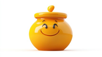 Yellow Ceramic Jar with a Smiling Face and a Lid