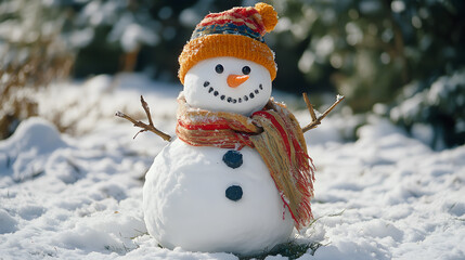 Closed-Up Shot of A Happy Snowman, Snowman with hat and carrot, Winter season or christmas holiday background