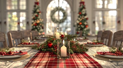 Elegant Holiday Table. A beautifully set Christmas dining table with festive tablecloths, candles and seasonal centerpieces