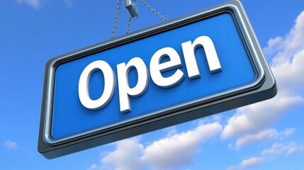 Bright blue open sign hanging against a clear sky with scattered clouds, indicating business hours during daytime